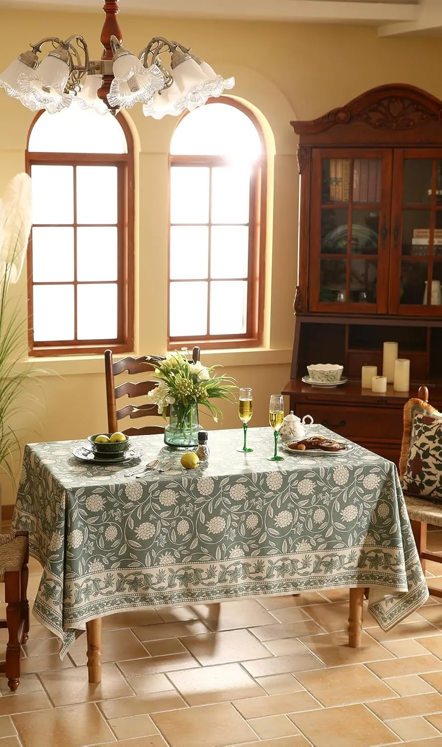 Grayish Green Square Tablecloth,Linen Table Cloth with Light White Flowers Pattern,Heavy Durable Table Cover for Dining Thanksgiving Kitchen Decor Party Banquet Christmas,55"*55"