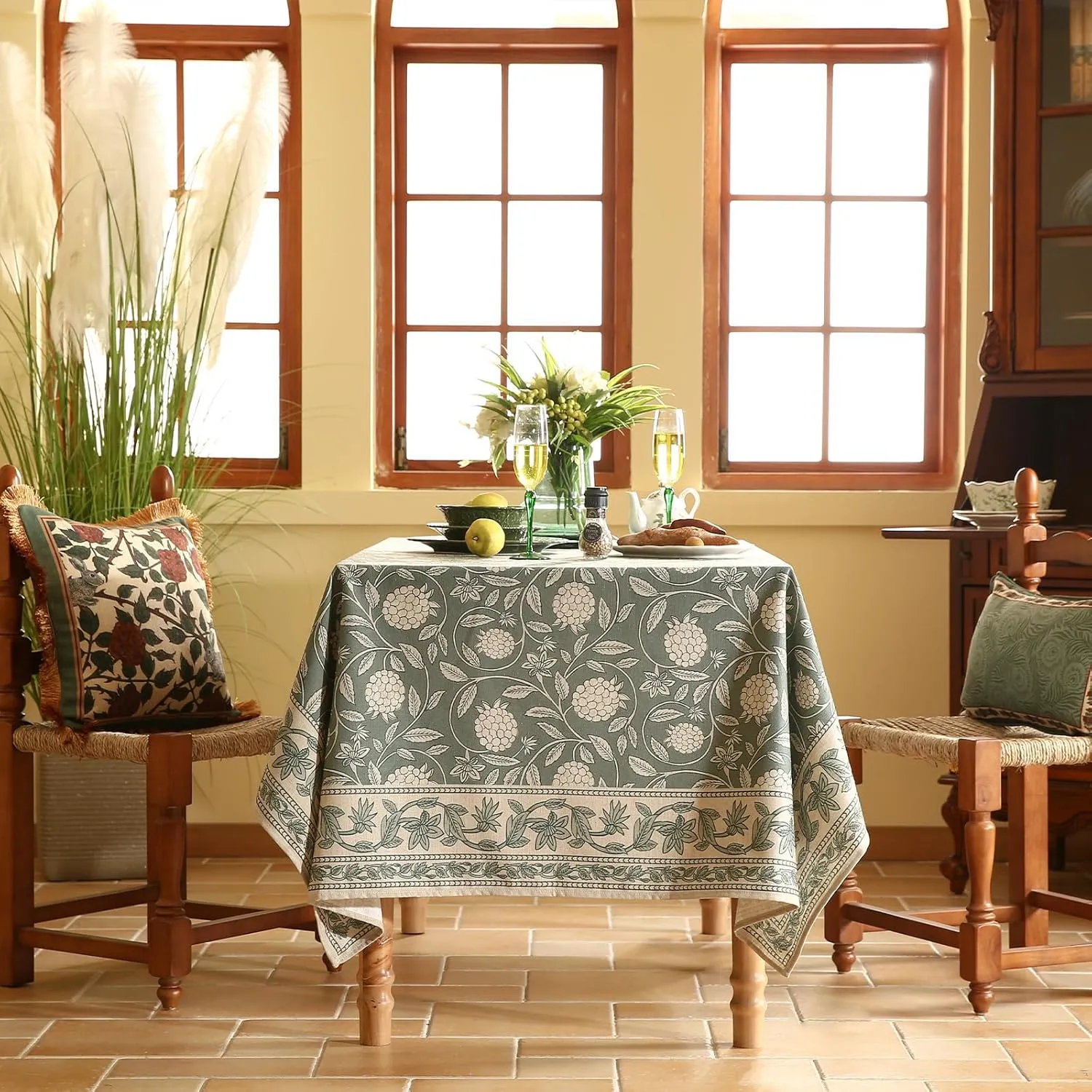 Grayish Green Square Tablecloth,Linen Table Cloth with Light White Flowers Pattern,Heavy Durable Table Cover for Dining Thanksgiving Kitchen Decor Party Banquet Christmas,55"*55"