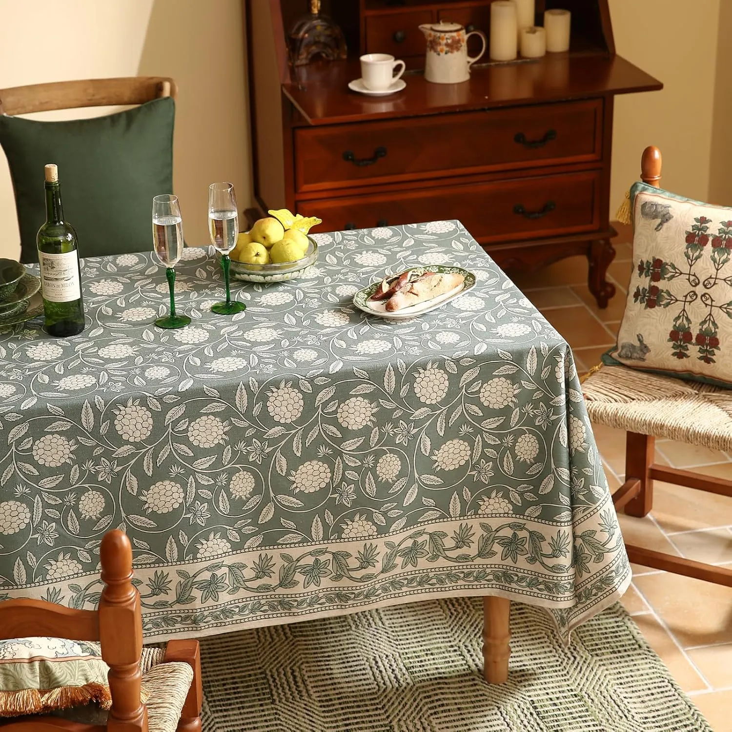 Grayish Green Square Tablecloth,Linen Table Cloth with Light White Flowers Pattern,Heavy Durable Table Cover for Dining Thanksgiving Kitchen Decor Party Banquet Christmas,55"*55"
