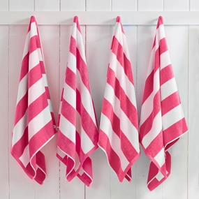 Great Bay Home 100% Cotton Velour 4 Pack Beach Towels 30" x 60" - Bright Pink Cabana Stripe Pool Towels - Quick Dry, Large Swim Towels