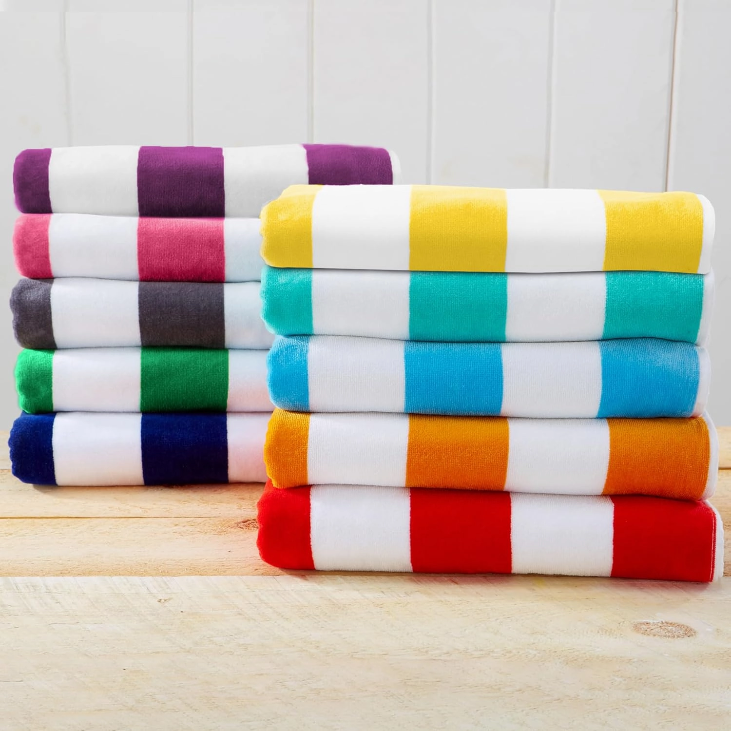 Great Bay Home 100% Cotton Velour 4 Pack Beach Towels 30" x 60" - Bright Pink Cabana Stripe Pool Towels - Quick Dry, Large Swim Towels