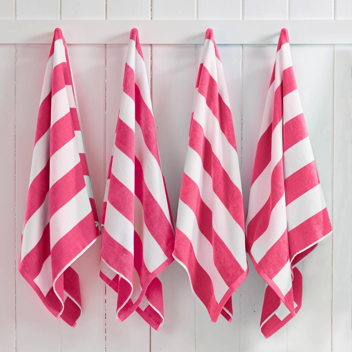Great Bay Home 100% Cotton Velour 4 Pack Beach Towels 30" x 60" - Bright Pink Cabana Stripe Pool Towels - Quick Dry, Large Swim Towels