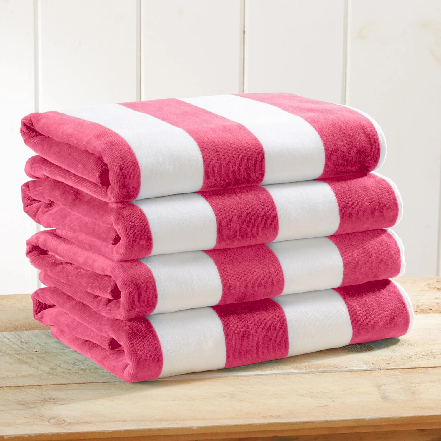 Great Bay Home 100% Cotton Velour 4 Pack Beach Towels 30" x 60" - Bright Pink Cabana Stripe Pool Towels - Quick Dry, Large Swim Towels