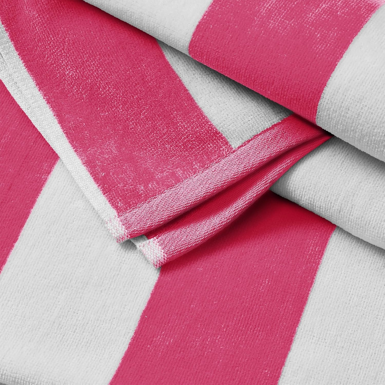 Great Bay Home 100% Cotton Velour 4 Pack Beach Towels 30" x 60" - Bright Pink Cabana Stripe Pool Towels - Quick Dry, Large Swim Towels