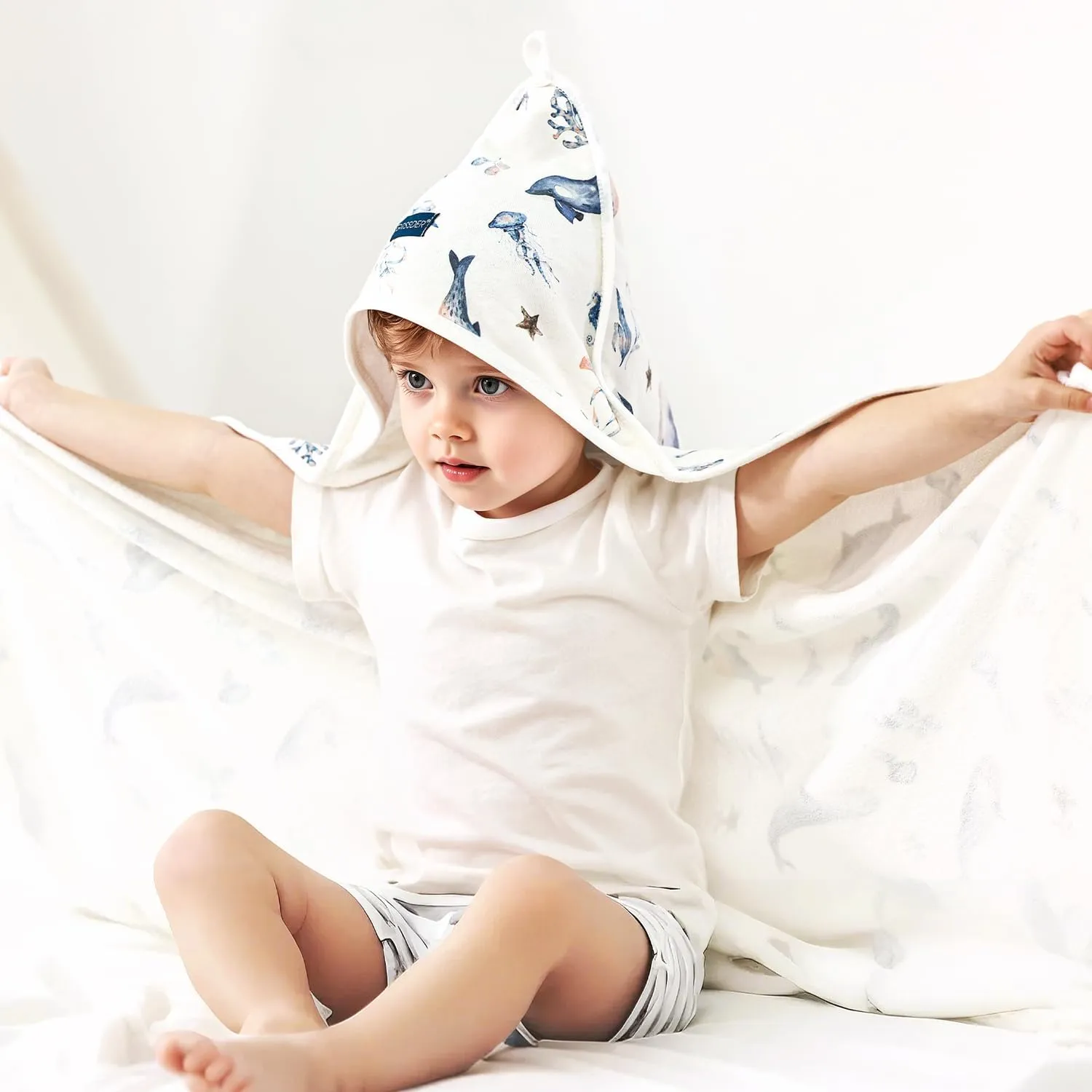 GRSSDER Baby Hooded Towel 2 Pack for Newborn, Super Soft Bath Towels with Original Designs, Ultra Absorbent Knit Terry, Large Toddler Towels with Hood for Boys Girls, Shower Gifts for Infant,34"x 34"