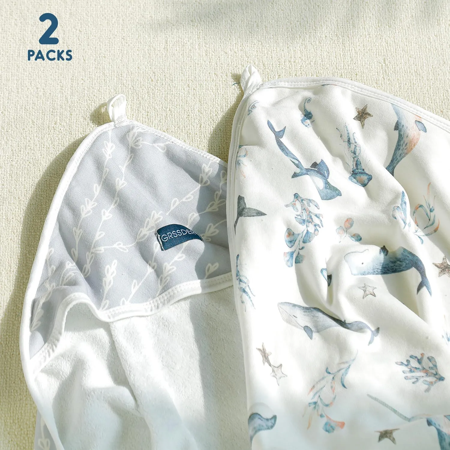 GRSSDER Baby Hooded Towel 2 Pack for Newborn, Super Soft Bath Towels with Original Designs, Ultra Absorbent Knit Terry, Large Toddler Towels with Hood for Boys Girls, Shower Gifts for Infant,34"x 34"