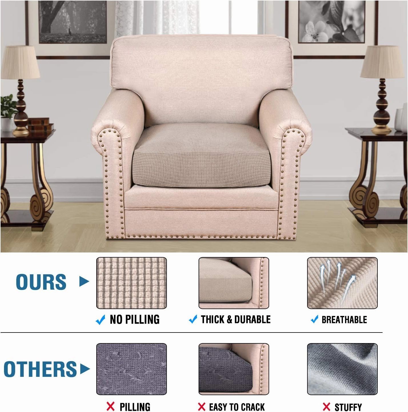 H.VERSAILTEX High Stretch Individual Seat Cushion Covers Sofa Slipcovers Couch Cushion Covers Sofa Covers Featuring Jacquard Textured Twill Fabric (1 Pack for 1 Cushion Chair, Sand, Small)