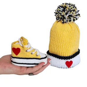 Hand-Knitted Gender-Neutral Yellow Baby Booties Pom-Pom Beanie Set, Handmade Crochet Organic Newborn Outfit, Soft Sole Crib Shoes, 0-3 3-6 Month