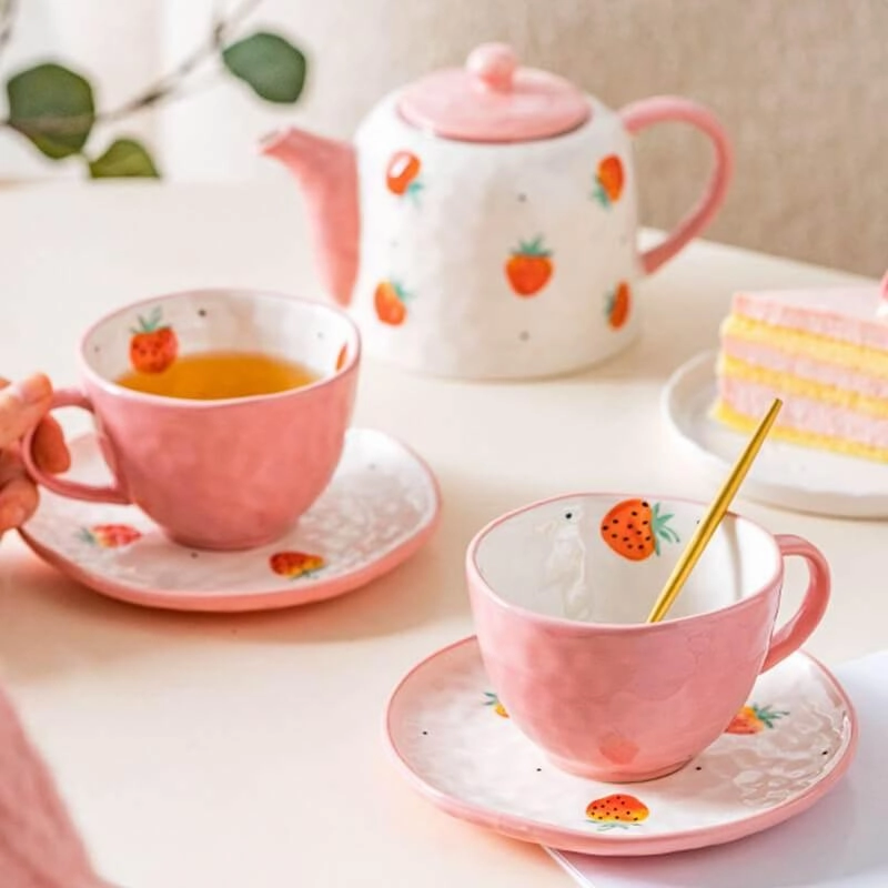 Hand Painted Strawberry Teapot Set - Ceramic Tea Set