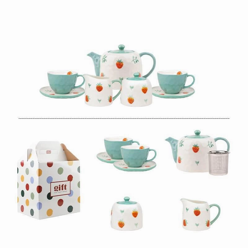 Hand Painted Strawberry Teapot Set - Ceramic Tea Set