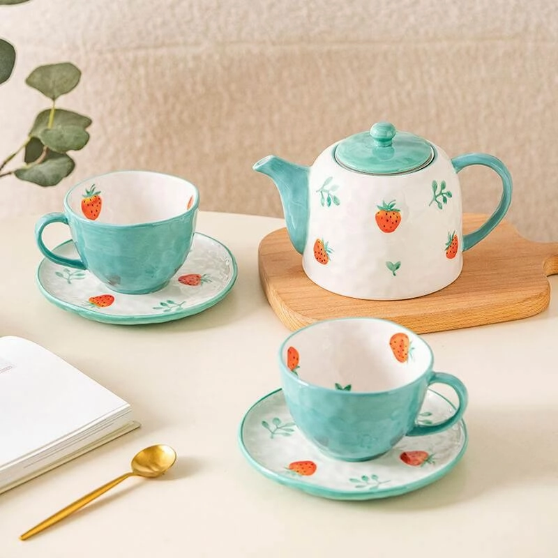Hand Painted Strawberry Teapot Set - Ceramic Tea Set