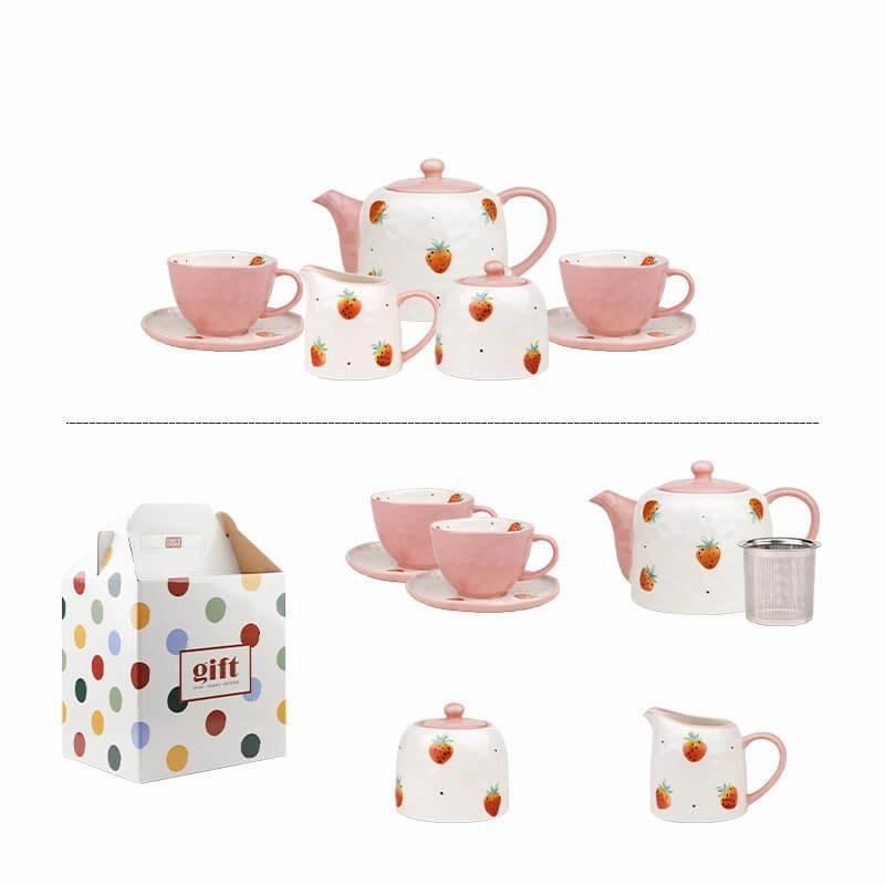 Hand Painted Strawberry Teapot Set - Ceramic Tea Set