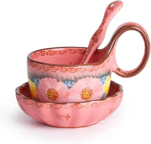 Handmade Loop Handle Soup Bowl, Plate and Spoon Set - Ceramic Hand Painted Cereal Bowl Great for Soup, Ice cream, Snack, Stew in Gift Box, Dishwasher Safe, Glazed Pink