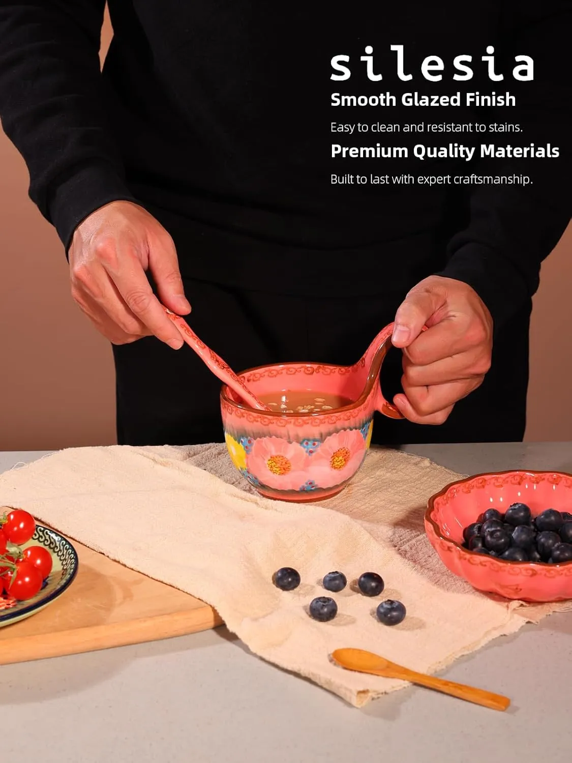 Handmade Loop Handle Soup Bowl, Plate and Spoon Set - Ceramic Hand Painted Cereal Bowl Great for Soup, Ice cream, Snack, Stew in Gift Box, Dishwasher Safe, Glazed Pink