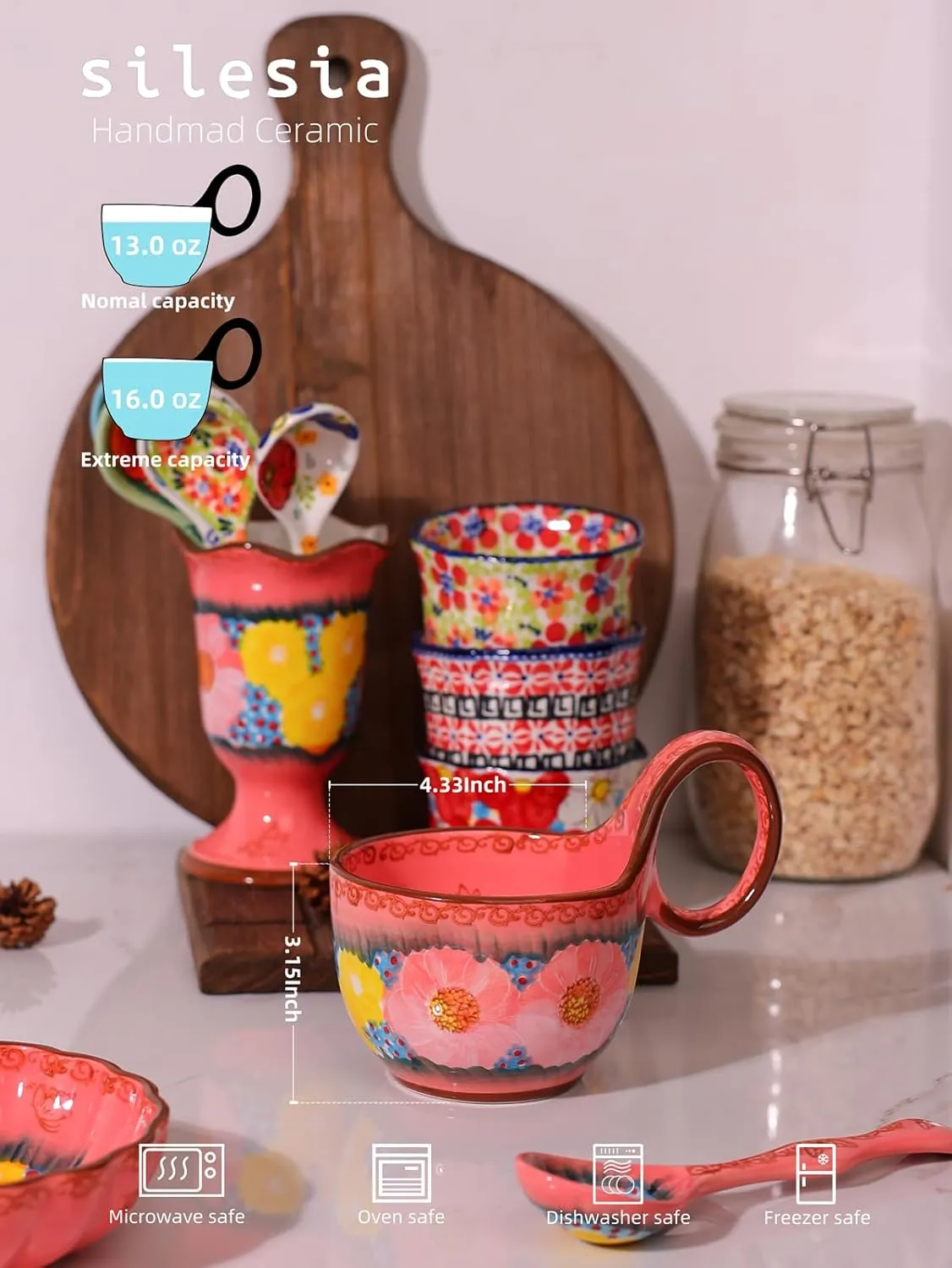 Handmade Loop Handle Soup Bowl, Plate and Spoon Set - Ceramic Hand Painted Cereal Bowl Great for Soup, Ice cream, Snack, Stew in Gift Box, Dishwasher Safe, Glazed Pink