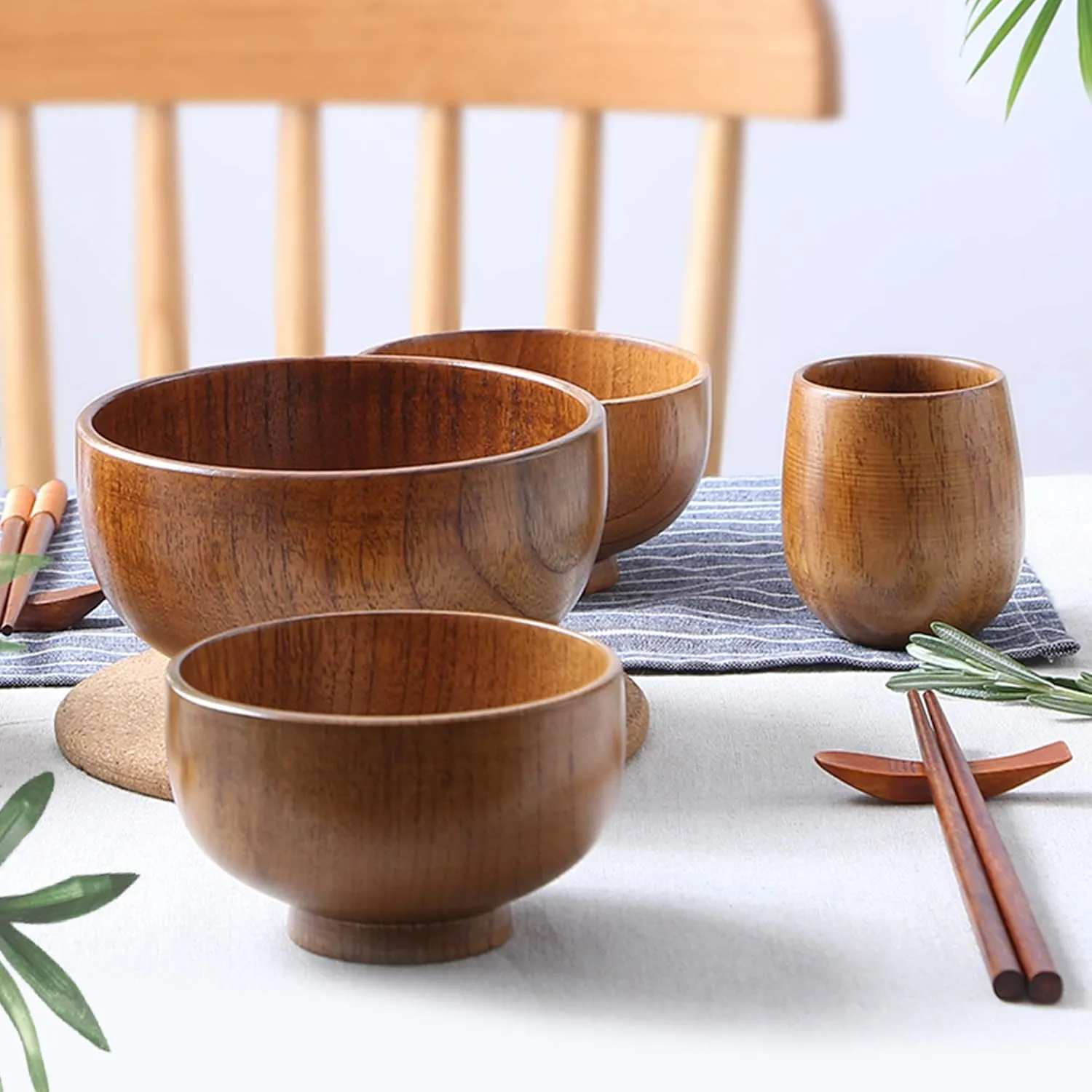 Handmade Wood Bowls, Jujube Wooden Japanese Bowls for Rice, Soup, Dip, Salad, Tea, Decoration 4 Sets (3.8 IN)