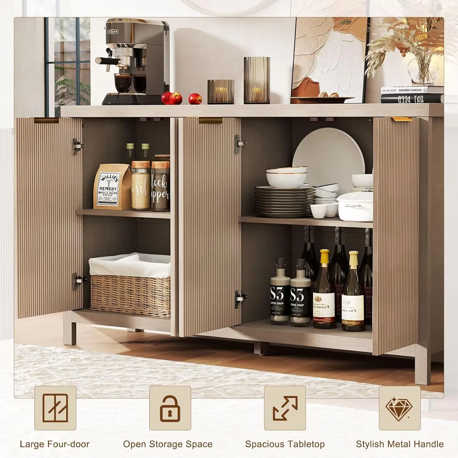 Hanherry 55 inch Sideboard Buffet Cabinet with Storage & Adjustable Shelves, Modern Wood Multifunctional 3D Striped Pattern Credenza Kitchen Cabinet with 4 Doors for Living Room, Hallway, Oak