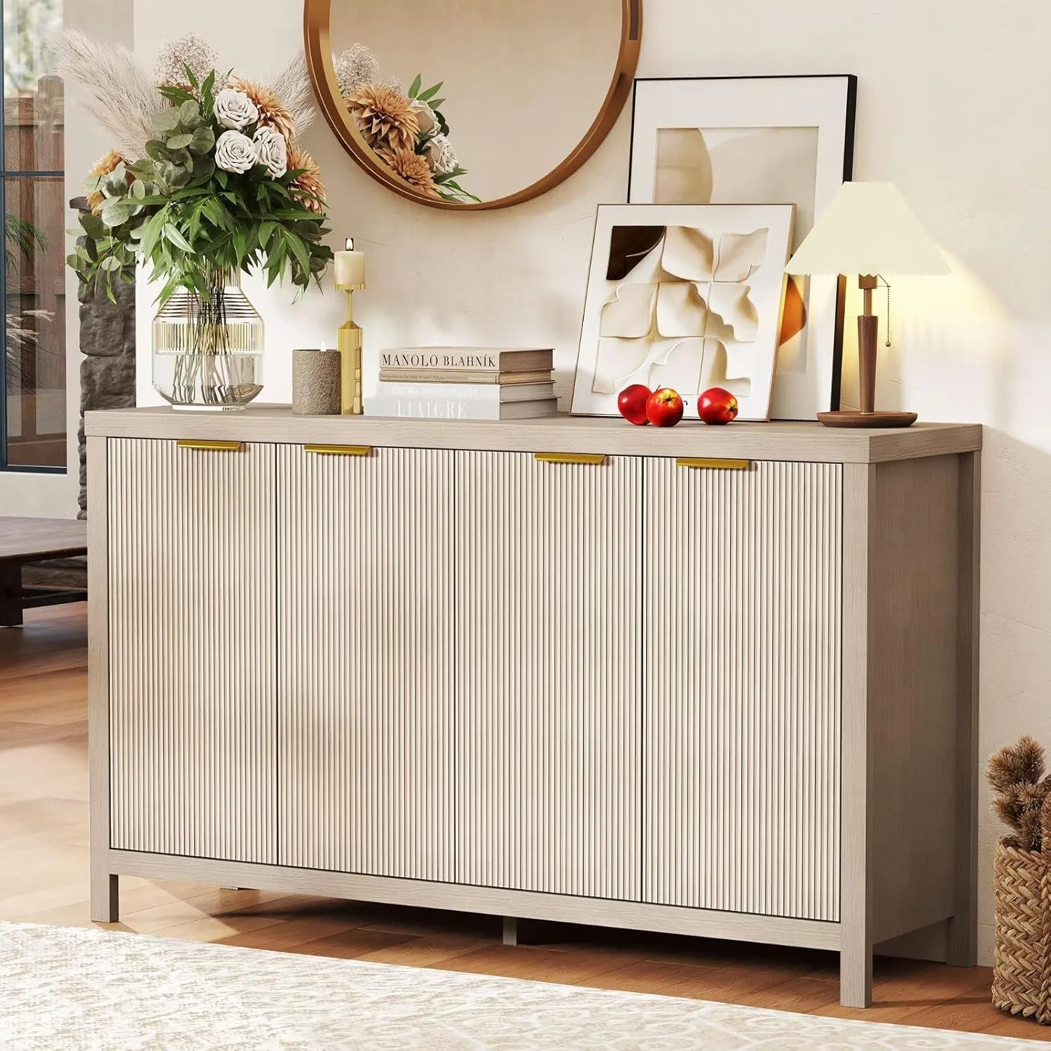 Hanherry 55 inch Sideboard Buffet Cabinet with Storage & Adjustable Shelves, Modern Wood Multifunctional 3D Striped Pattern Credenza Kitchen Cabinet with 4 Doors for Living Room, Hallway, Oak