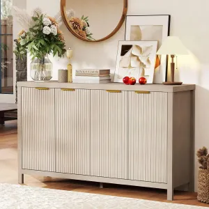 Hanherry 55 inch Sideboard Buffet Cabinet with Storage & Adjustable Shelves, Modern Wood Multifunctional 3D Striped Pattern Credenza Kitchen Cabinet with 4 Doors for Living Room, Hallway, Oak