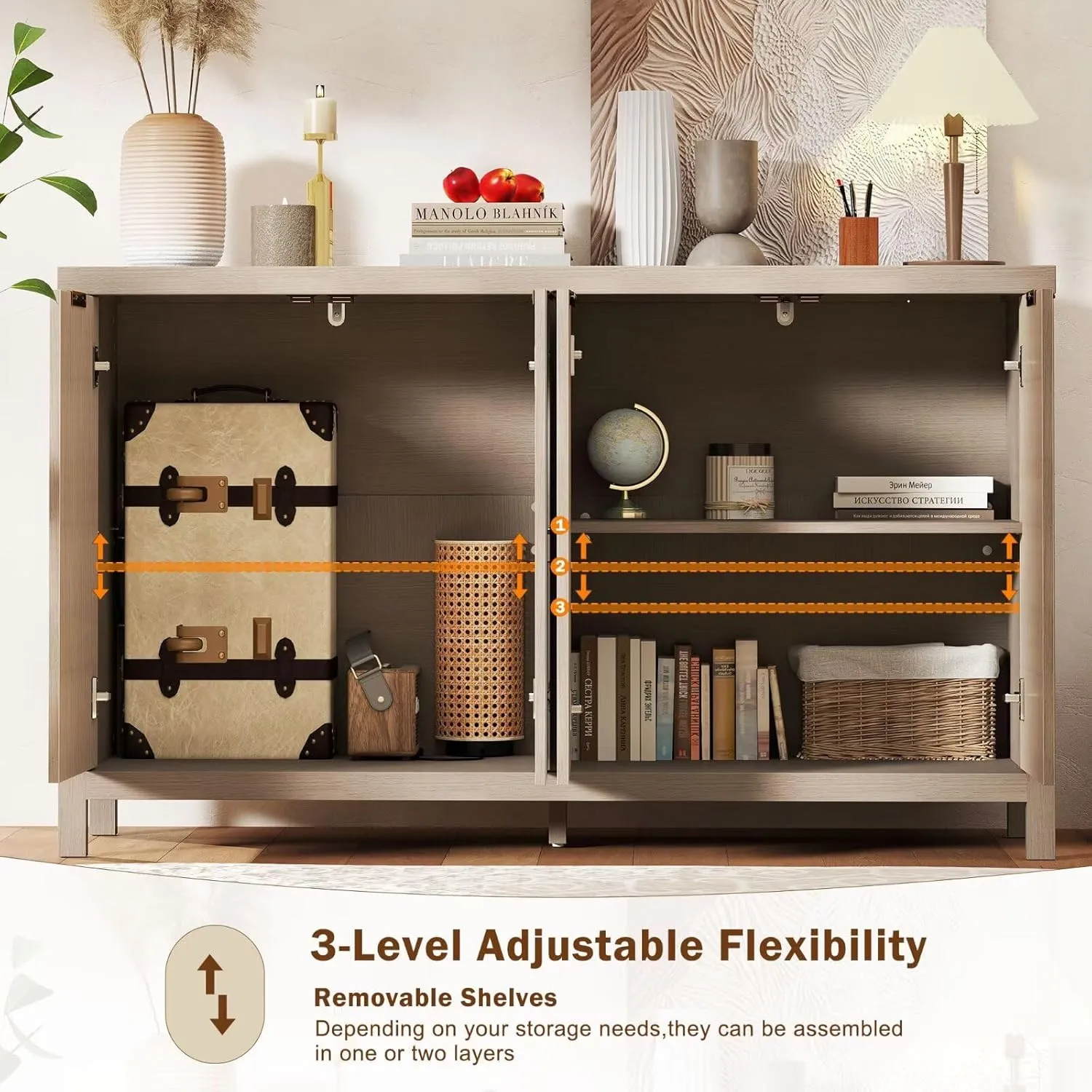Hanherry 55 inch Sideboard Buffet Cabinet with Storage & Adjustable Shelves, Modern Wood Multifunctional 3D Striped Pattern Credenza Kitchen Cabinet with 4 Doors for Living Room, Hallway, Oak