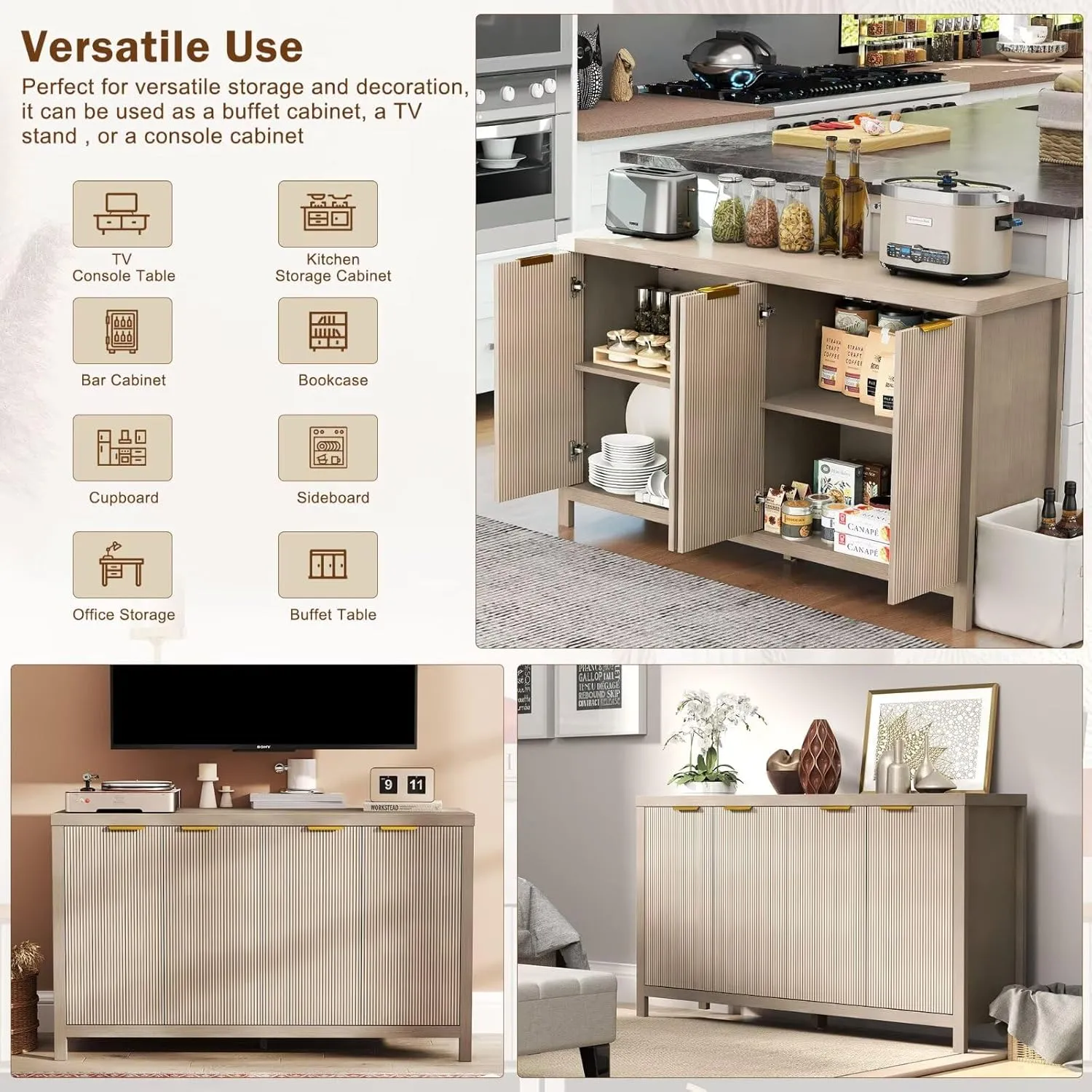 Hanherry 55 inch Sideboard Buffet Cabinet with Storage & Adjustable Shelves, Modern Wood Multifunctional 3D Striped Pattern Credenza Kitchen Cabinet with 4 Doors for Living Room, Hallway, Oak