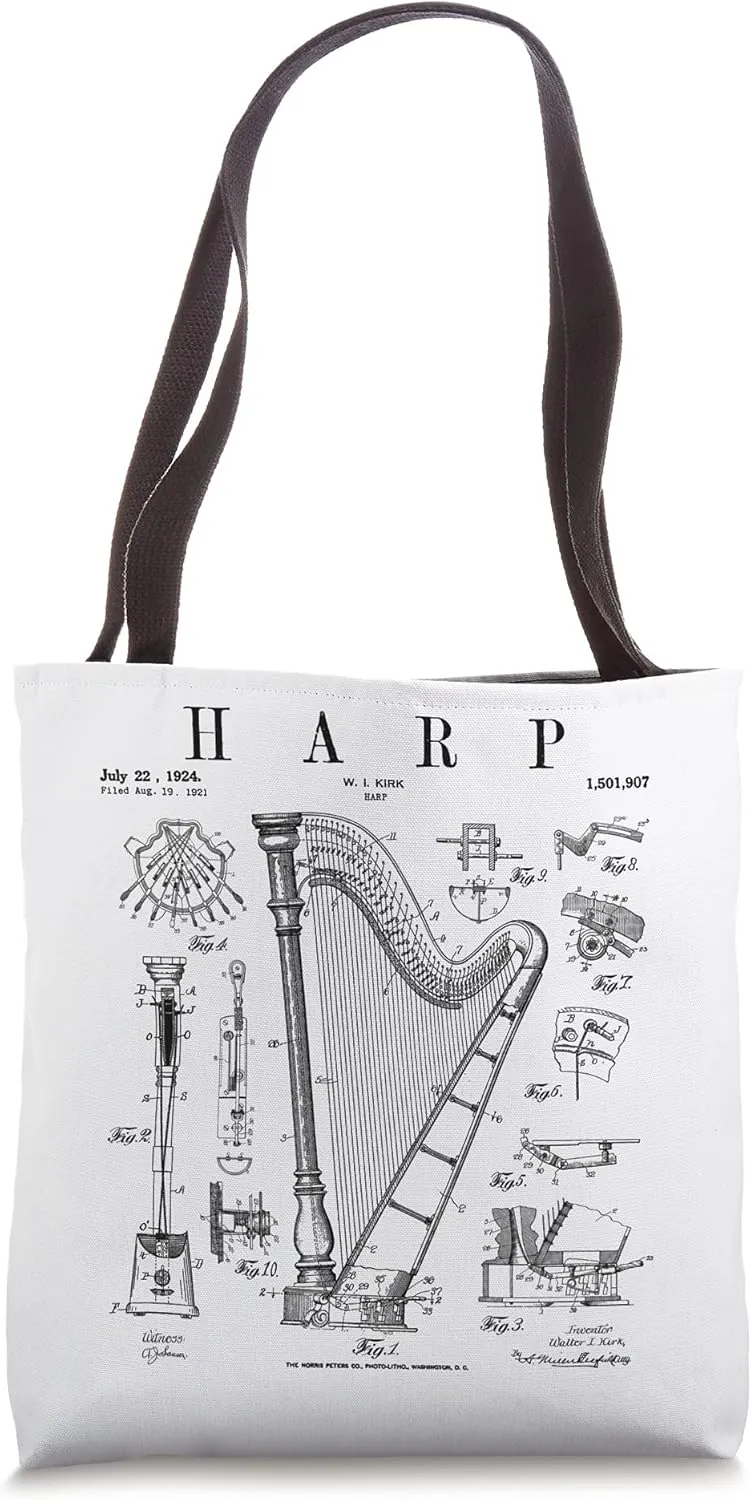 Harp Vintage Patent Harpist Drawing Print Tote Bag