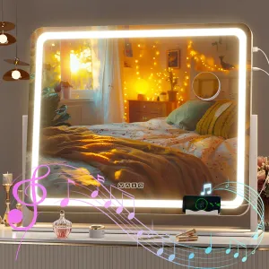 Hasipu Vanity Mirror with Lights and Bluetooth Speaker, 23.6" x 19.7" LED Makeup Mirror, Light up Mirror with 10X Magnification, USB Charging Port, Smart Touch 3 Colors Dimmable (White)