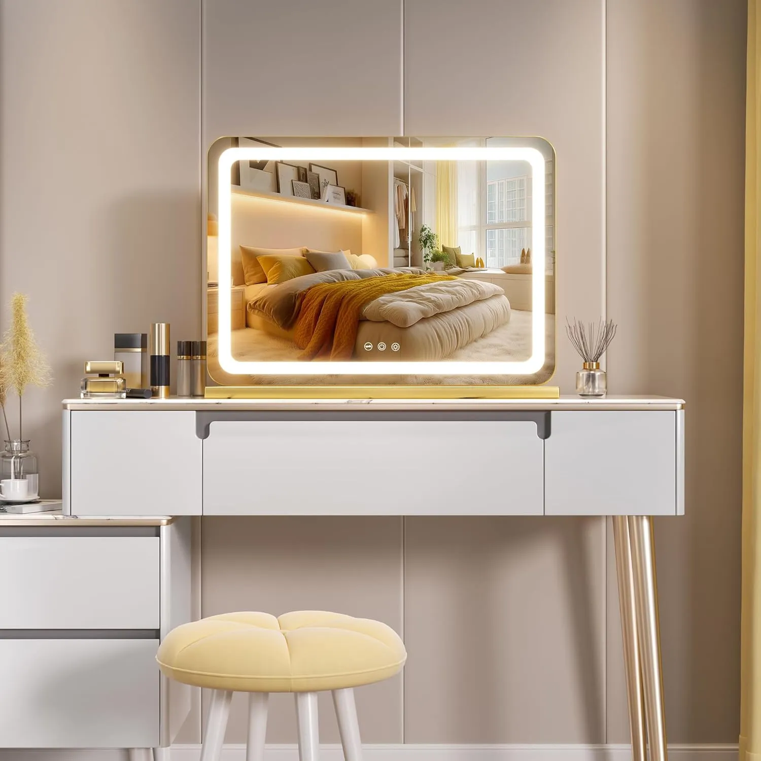 Hasipu Vanity Mirror with Lights and Bluetooth Speaker, 32" x 21.7" LED Makeup Mirror, Lighted Makeup Mirror with Dimmable 3 Modes, USB Charging Port, Round Gold