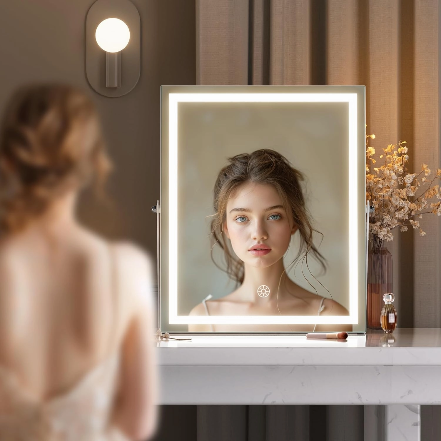 Hasipu Vanity Mirror with Lights and Bluetooth Speaker, 11.4" x 13.8" LED Makeup Mirror with 10X Magnification, Smart Touch 3 Colors Dimmable, Brightness Adjustment, 360° Rotation, White