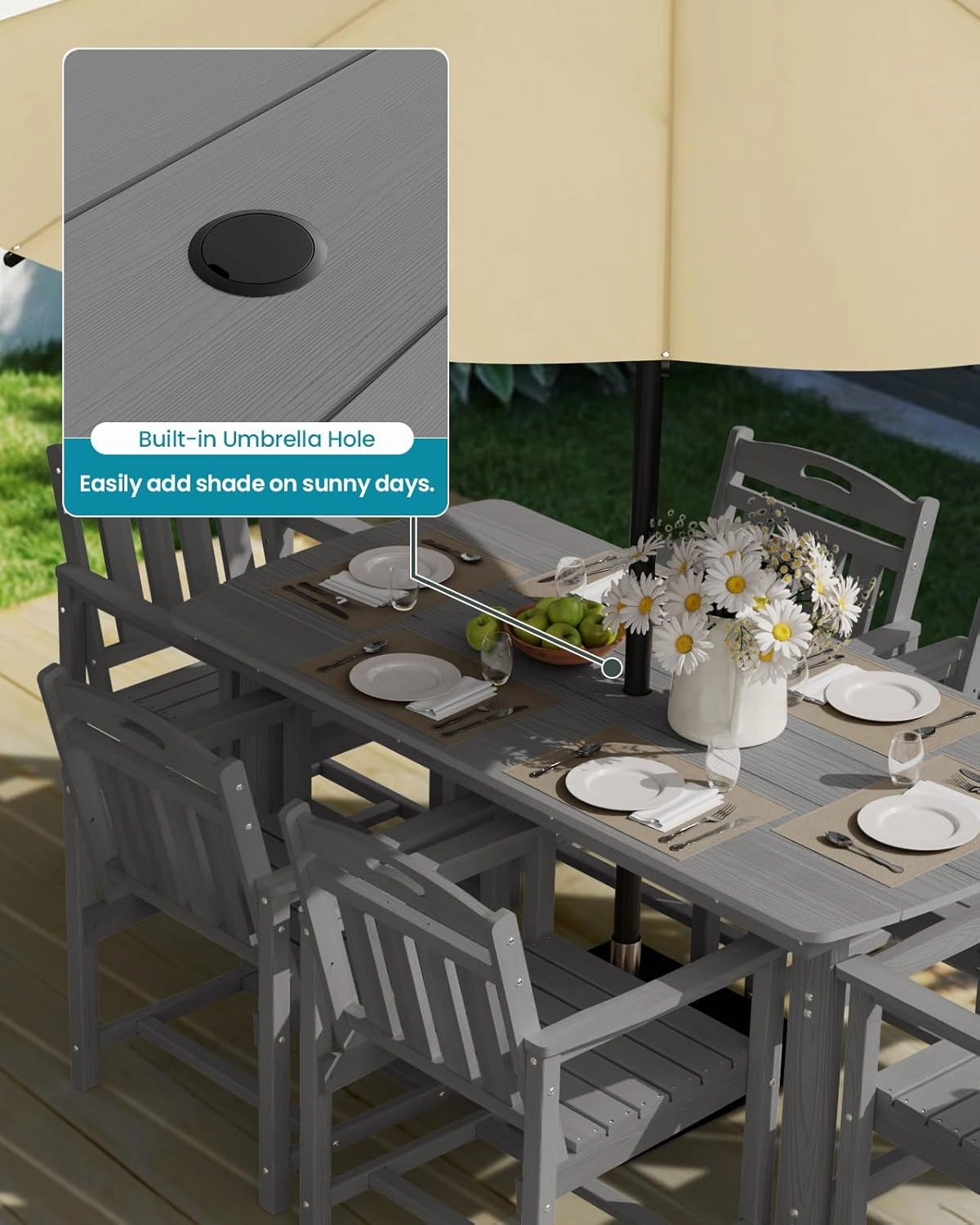 HDPE Outdoor Dining Set 7-Piece Outdoor Table and Chairs with Umbrella Hole, All-Weather Patio Dining Set for 6, Durable Patio Furniture Set for Backyard, Garden, Lawn & Poolside, Grey