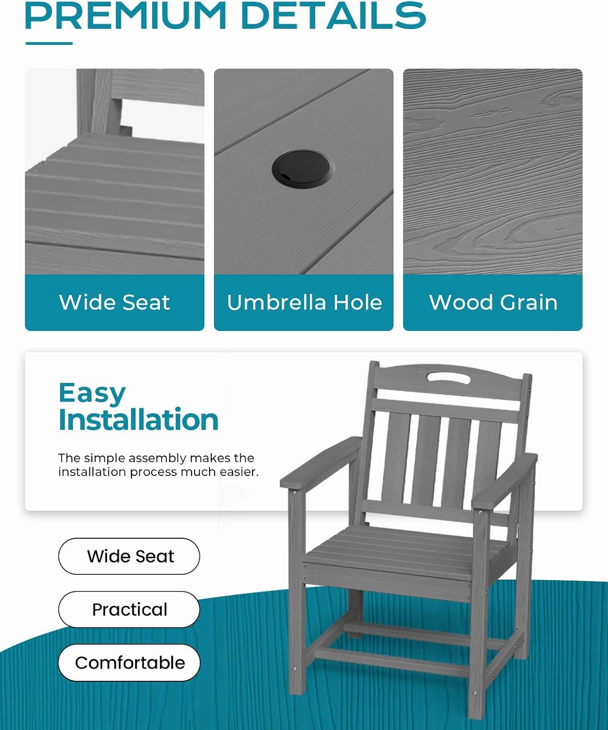 HDPE Outdoor Dining Set 7-Piece Outdoor Table and Chairs with Umbrella Hole, All-Weather Patio Dining Set for 6, Durable Patio Furniture Set for Backyard, Garden, Lawn & Poolside, Grey