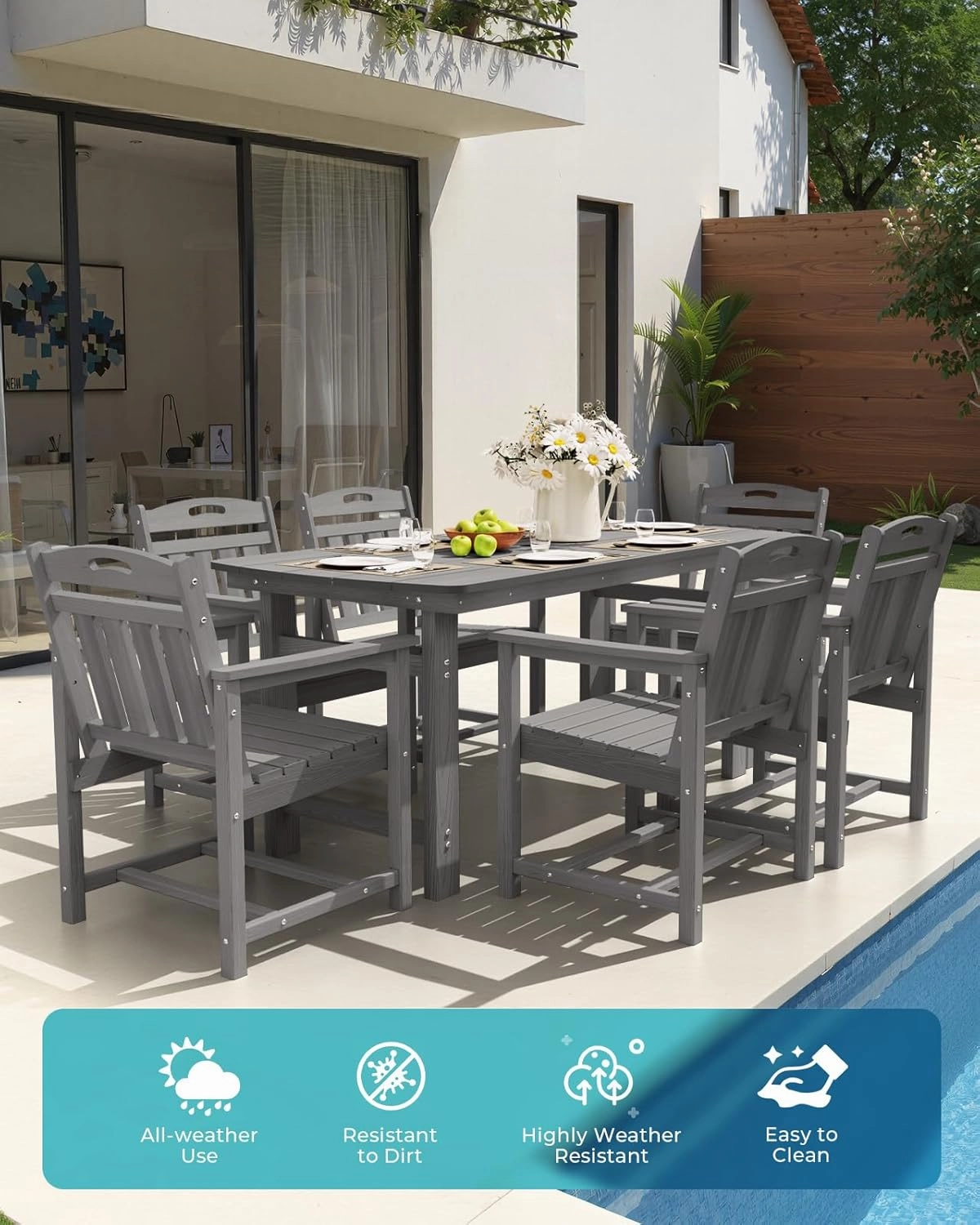 HDPE Outdoor Dining Set 7-Piece Outdoor Table and Chairs with Umbrella Hole, All-Weather Patio Dining Set for 6, Durable Patio Furniture Set for Backyard, Garden, Lawn & Poolside, Grey