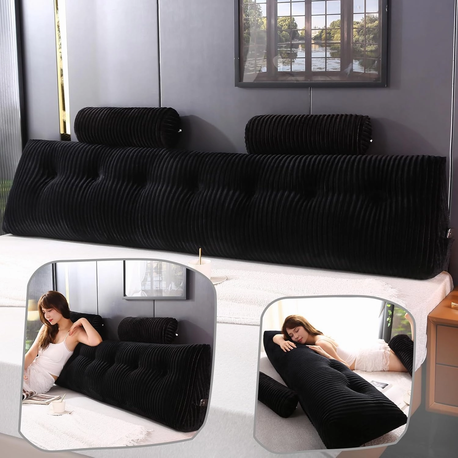 Headboard Wedge Pillow with 2 Pack Neck Roll Pillows Large Wedge Headboard Pillow Reading Pillow Soft and Supportive with Removable Cover