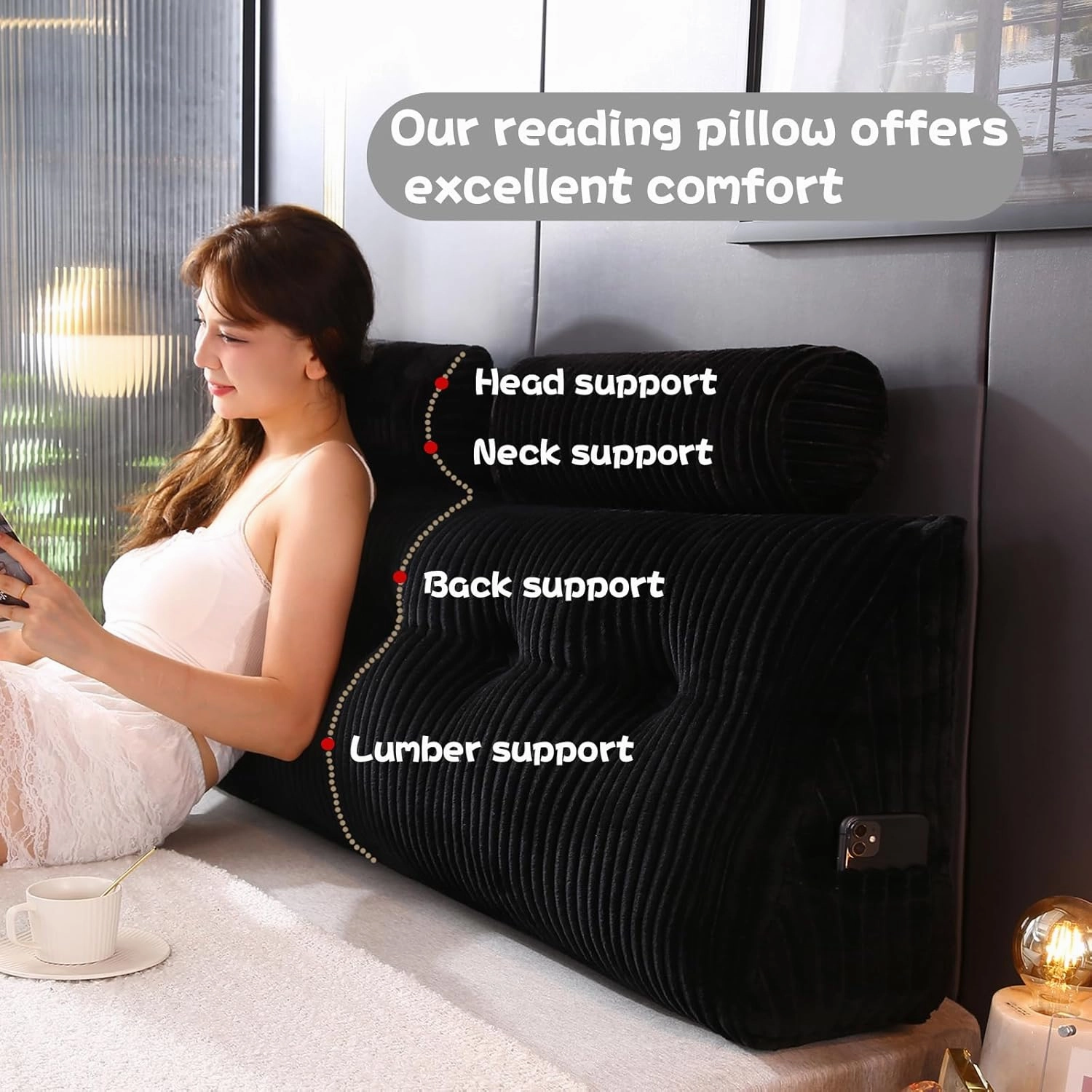 Headboard Wedge Pillow with 2 Pack Neck Roll Pillows Large Wedge Headboard Pillow Reading Pillow Soft and Supportive with Removable Cover