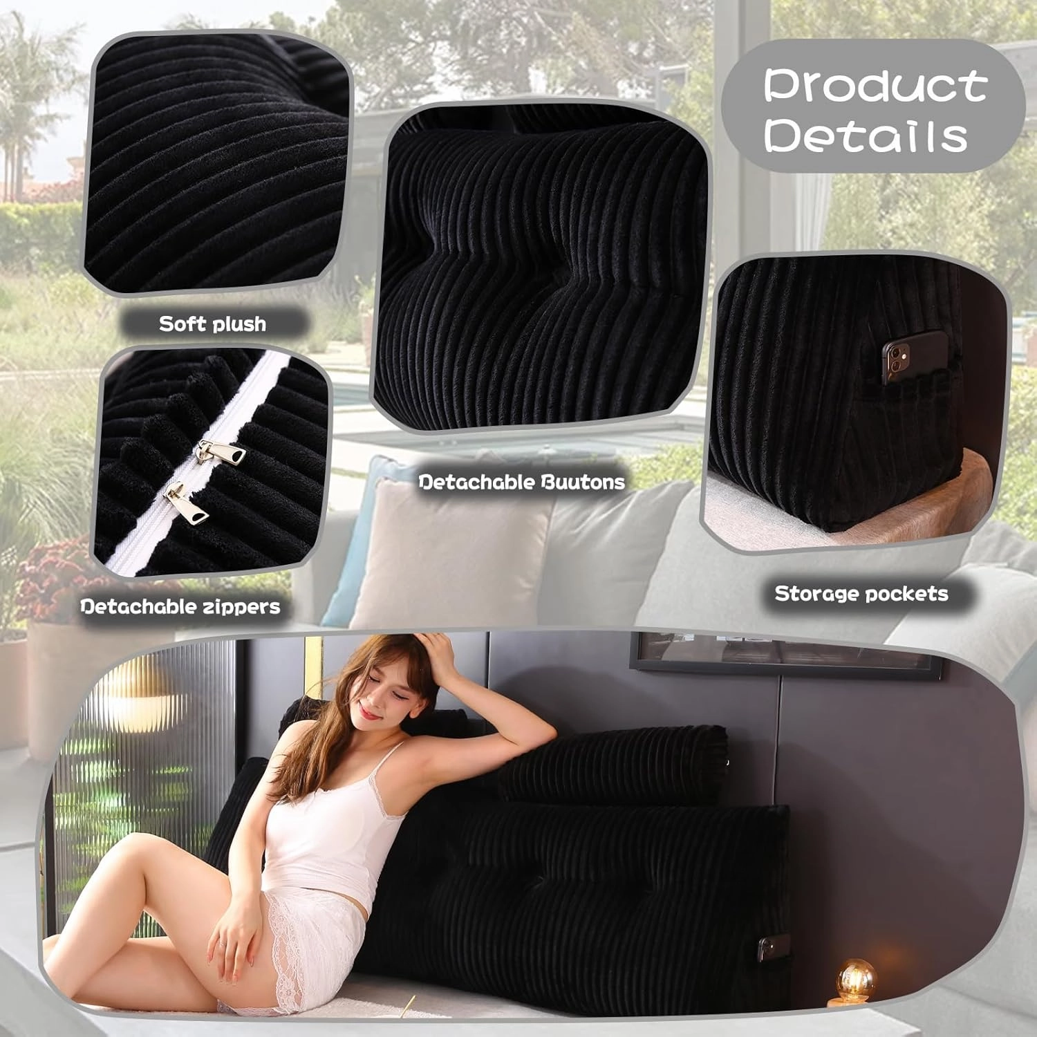 Headboard Wedge Pillow with 2 Pack Neck Roll Pillows Large Wedge Headboard Pillow Reading Pillow Soft and Supportive with Removable Cover