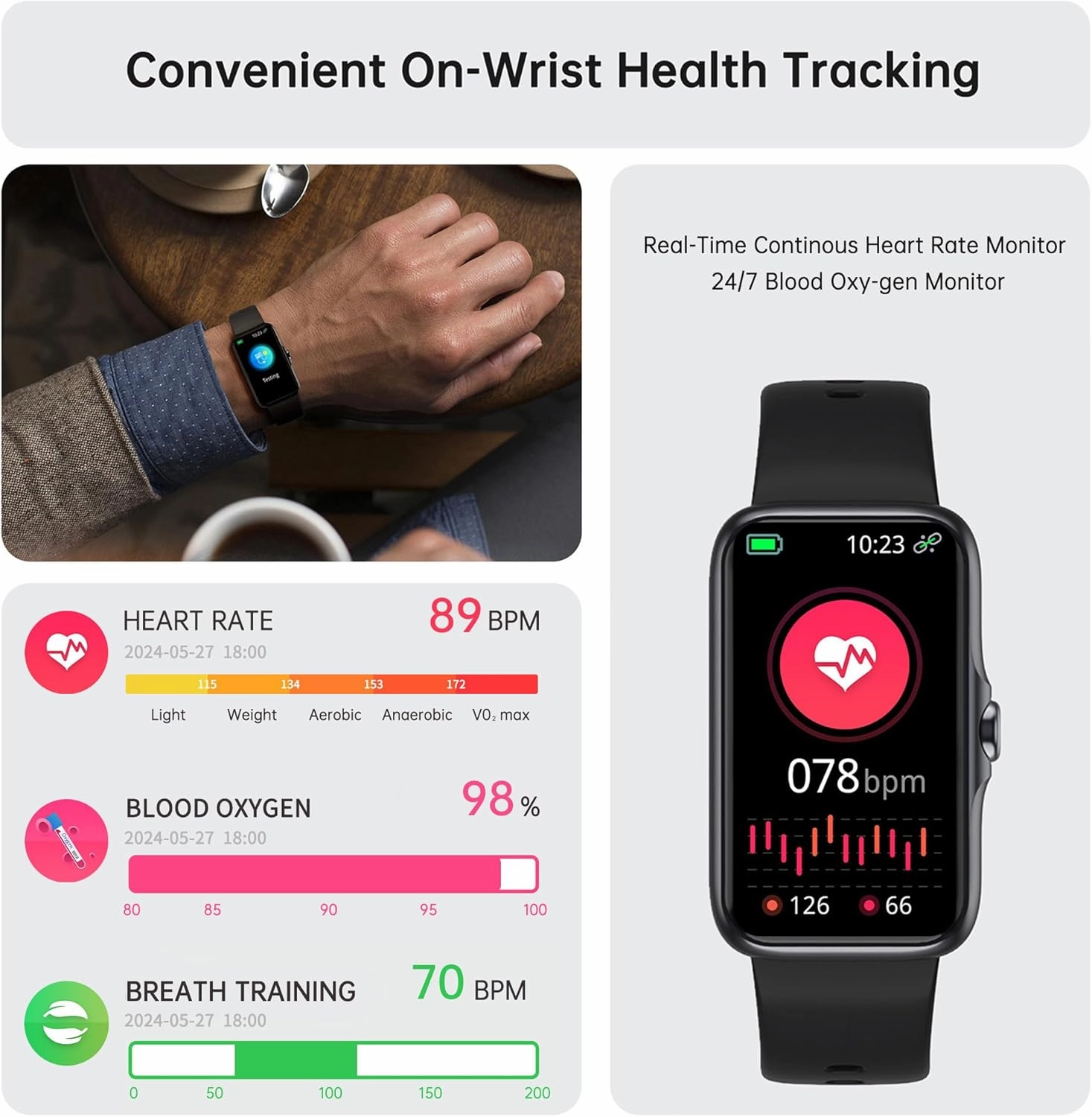 Health Fitness Tracker, Smart Watch with 24/7 Heart Rate and Blood Oxygen Monitor, Sleep Tracker with IP68 Waterproof, Activity Tracker Pedometer Step Counter for Women Men (Black)