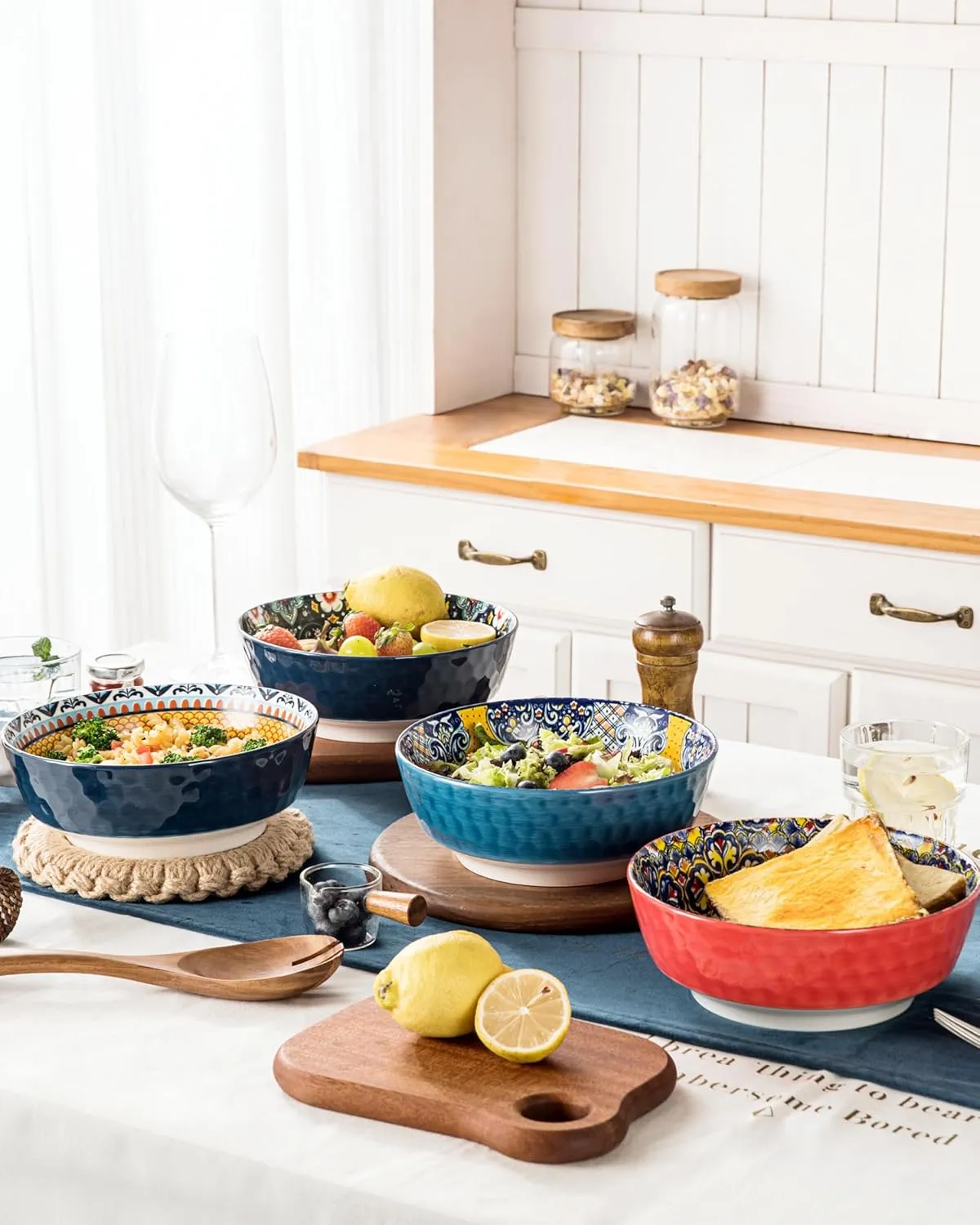 HENXFEN LEAD Large Salad Bowl Sets for Serving Soup, Ramen, Pasta, Fruit, Snacks - 48 Oz Big Ceramic Bowls for Family, Kitchen Cooking, Dinner Party - Set of 2