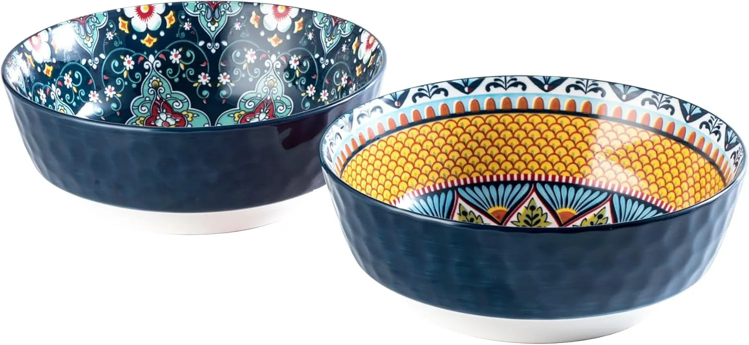 HENXFEN LEAD Large Salad Bowl Sets for Serving Soup, Ramen, Pasta, Fruit, Snacks - 48 Oz Big Ceramic Bowls for Family, Kitchen Cooking, Dinner Party - Set of 2