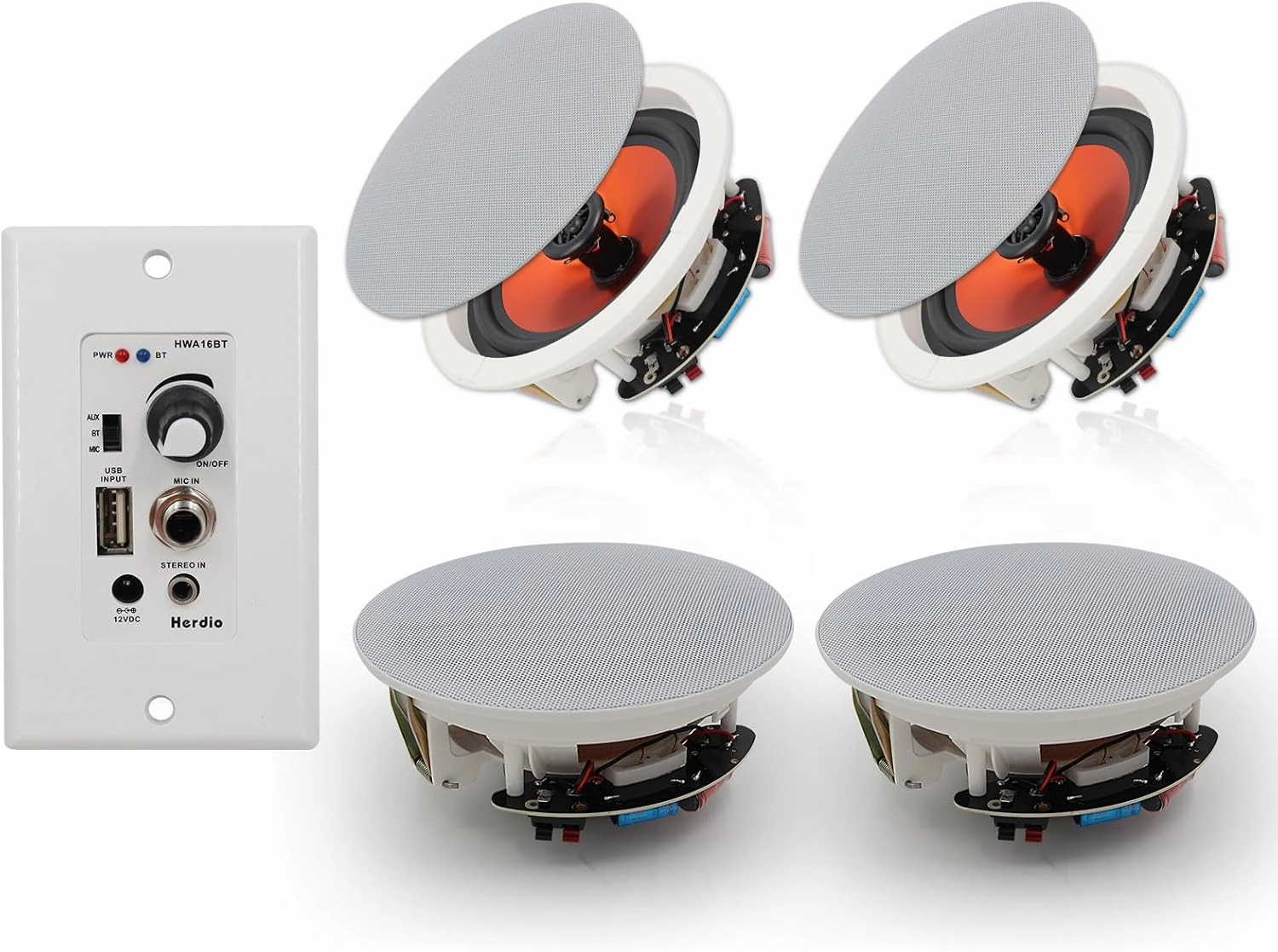 Herdio 6.5'' Bluetooth in Wall in Ceiling Speakers 600W 2-Way Flush Mount Speakers System with Wall Amplifier Receiver for Home Theater Office Bathroom(2Pairs, Paintable-Grille)