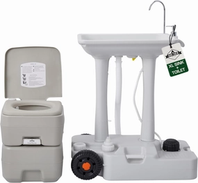 Hike Crew XL Portable Camping Sink & Toilet | Extra Large Washing Station with 8 Gal Capacity, Hands-Free Foot Pump, Faucet, Soap Dispenser & Towel Rack | Includes Travel Toilet with 5 Gal Waste Tank