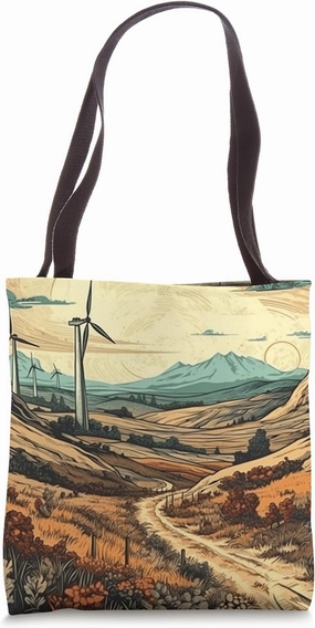 Hills With Wind Turbines Vintage Landscape Graphic Tote Bag