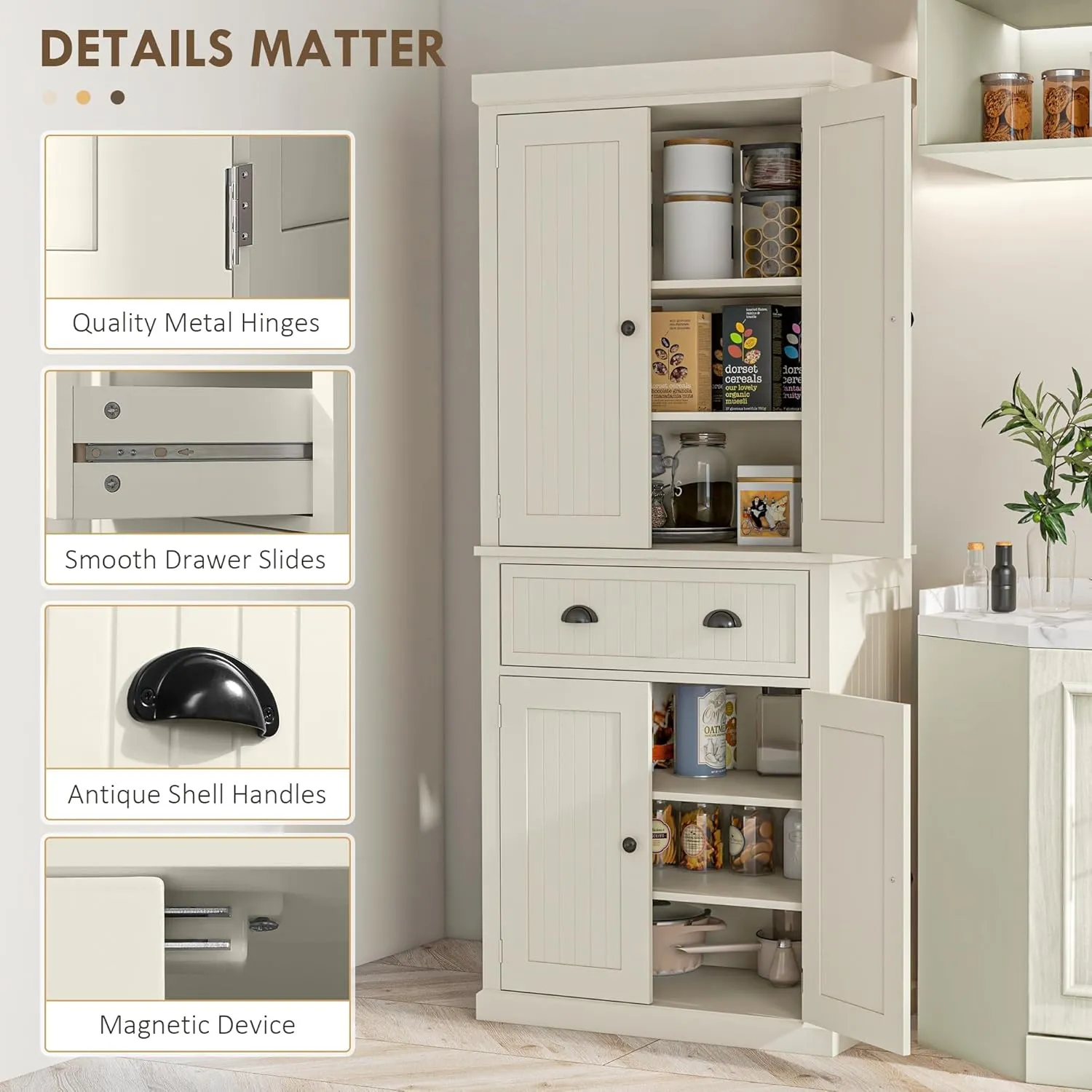 HOMCOM 72" Traditional Kitchen Pantry Cabinet, Freestanding Tall Storage Cabinet with 4 Doors, Drawer and 3 Adjustable Shelves for Dining Room, Cream White