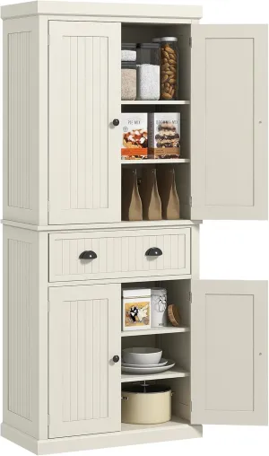 HOMCOM 72" Traditional Kitchen Pantry Cabinet, Freestanding Tall Storage Cabinet with 4 Doors, Drawer and 3 Adjustable Shelves for Dining Room, Cream White