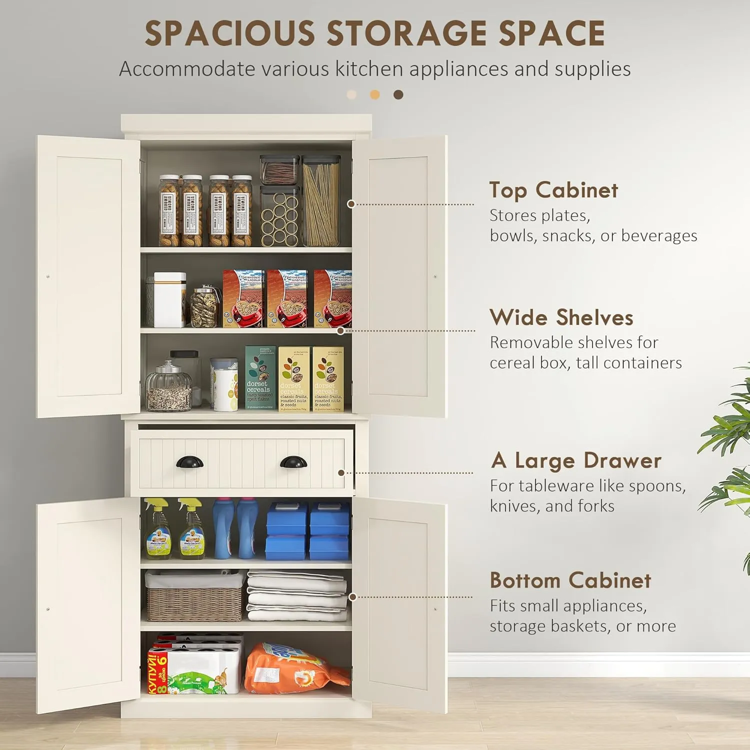 HOMCOM 72" Traditional Kitchen Pantry Cabinet, Freestanding Tall Storage Cabinet with 4 Doors, Drawer and 3 Adjustable Shelves for Dining Room, Cream White