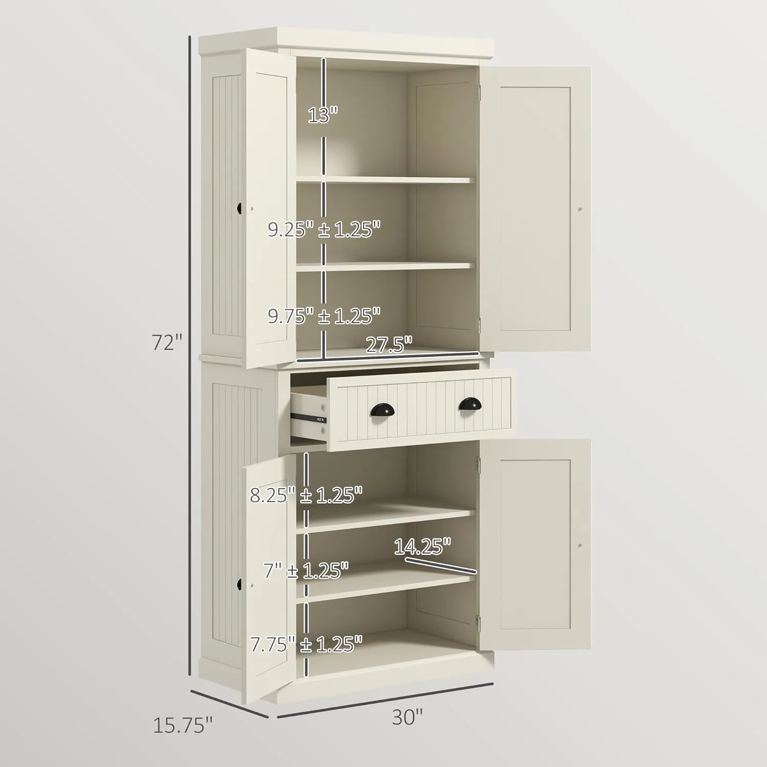 HOMCOM 72" Traditional Kitchen Pantry Cabinet, Freestanding Tall Storage Cabinet with 4 Doors, Drawer and 3 Adjustable Shelves for Dining Room, Cream White