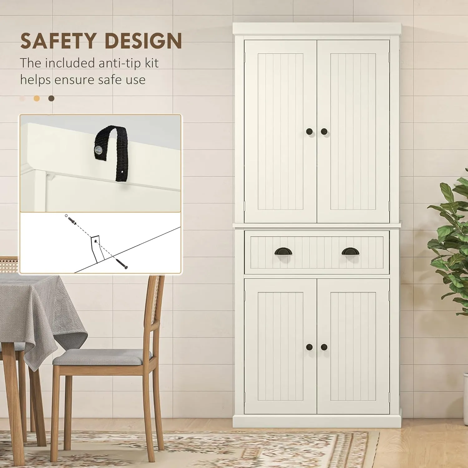 HOMCOM 72" Traditional Kitchen Pantry Cabinet, Freestanding Tall Storage Cabinet with 4 Doors, Drawer and 3 Adjustable Shelves for Dining Room, Cream White