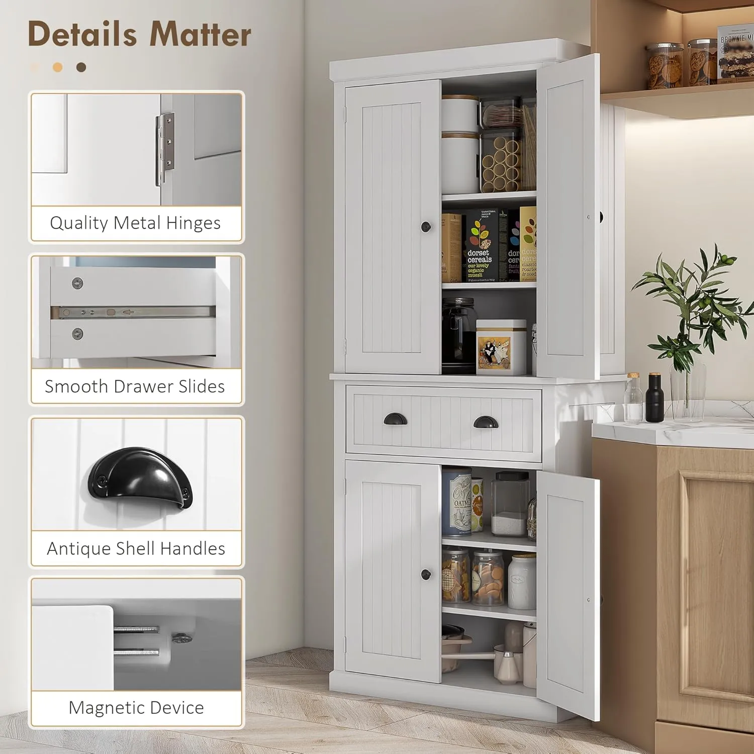 HOMCOM 72" Traditional Kitchen Pantry Cabinet, Freestanding Tall Storage Cabinet with 4 Doors, Drawer and 3 Adjustable Shelves for Dining Room, White
