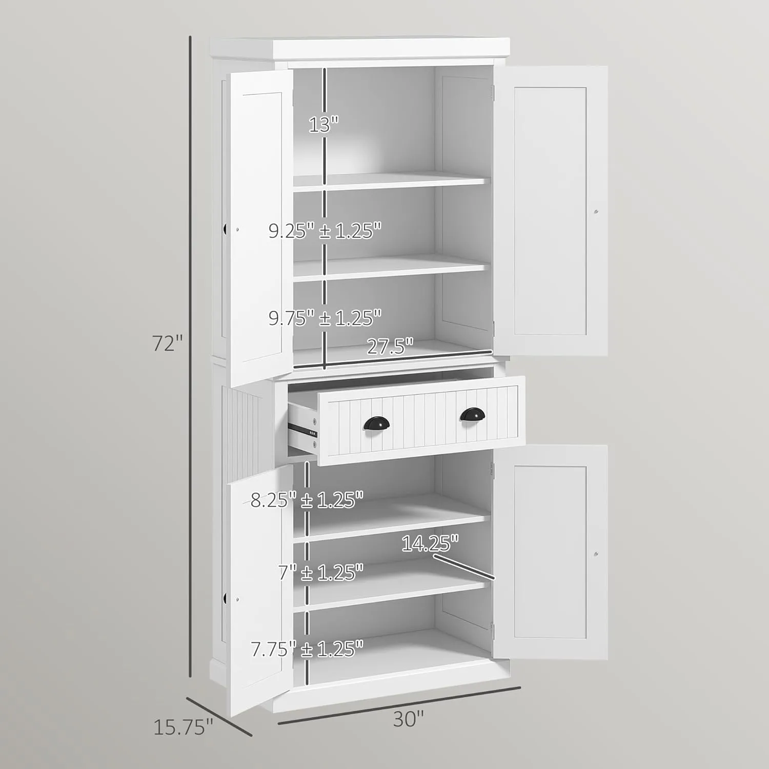 HOMCOM 72" Traditional Kitchen Pantry Cabinet, Freestanding Tall Storage Cabinet with 4 Doors, Drawer and 3 Adjustable Shelves for Dining Room, White