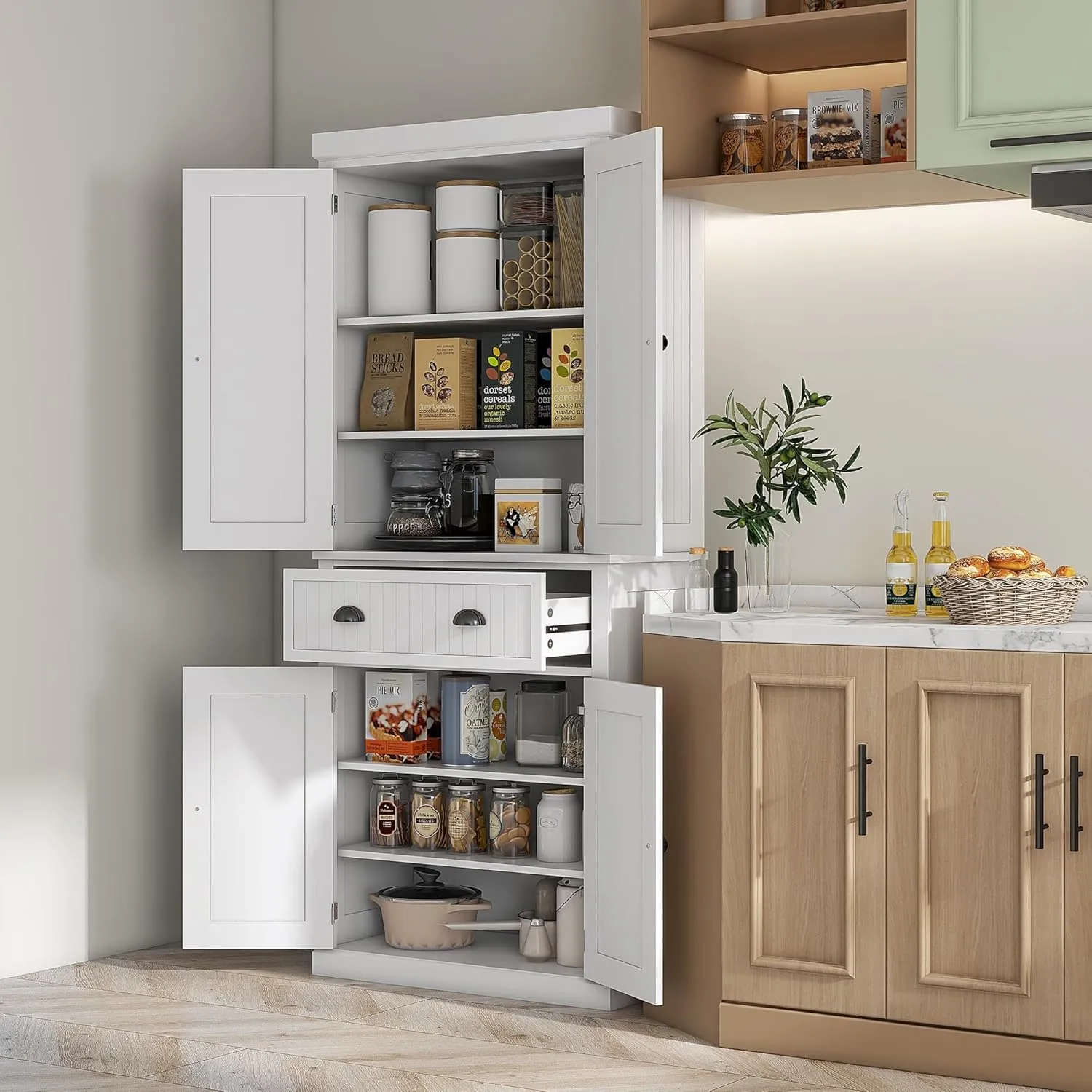 HOMCOM 72" Traditional Kitchen Pantry Cabinet, Freestanding Tall Storage Cabinet with 4 Doors, Drawer and 3 Adjustable Shelves for Dining Room, White