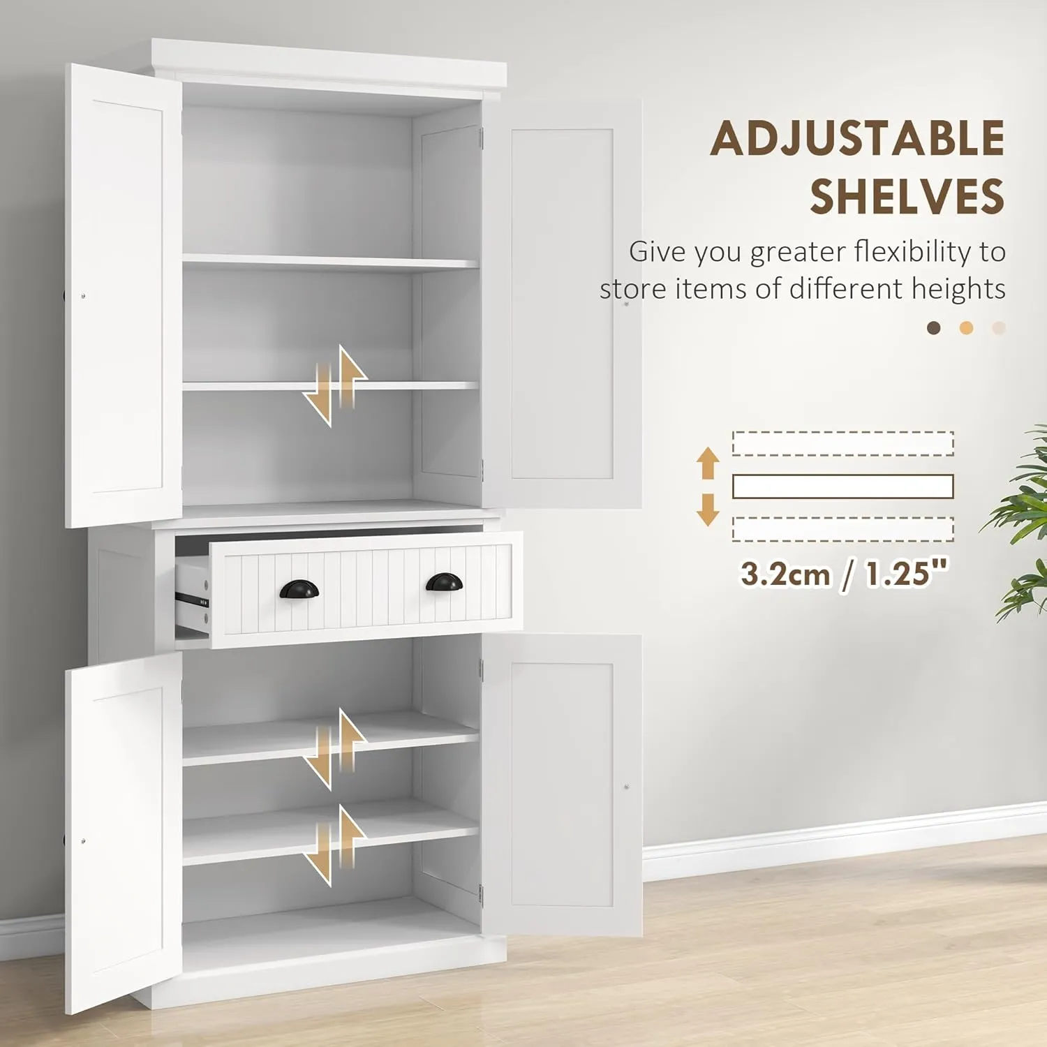 HOMCOM 72" Traditional Kitchen Pantry Cabinet, Freestanding Tall Storage Cabinet with 4 Doors, Drawer and 3 Adjustable Shelves for Dining Room, White